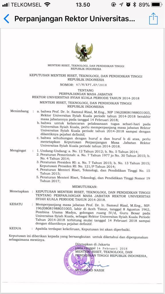 Menristekdikti masih sibuk, masa jabatan Rektor Unsyiah diperpanjang