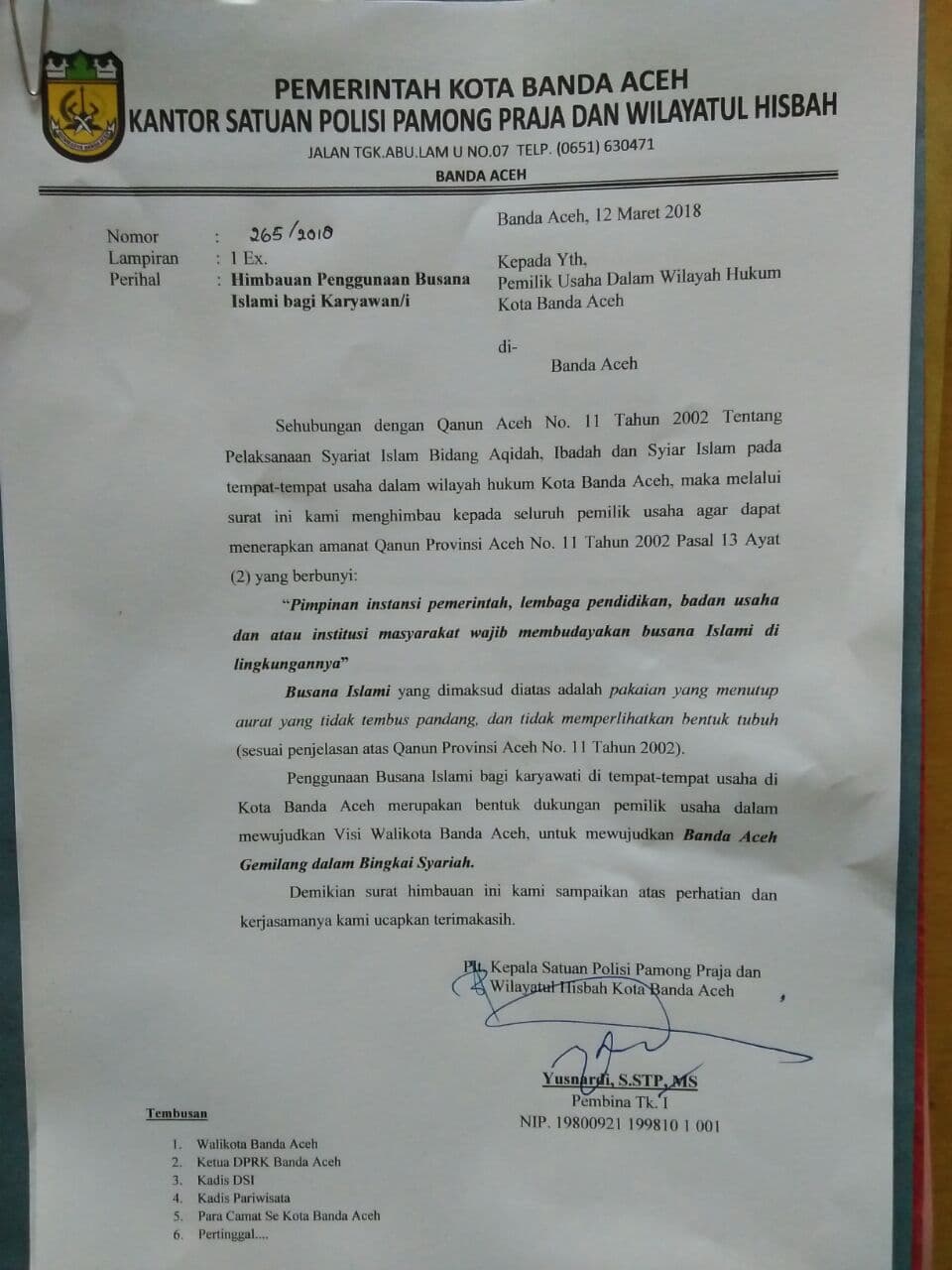 WH imbau seluruh karyawan di Banda Aceh berpakaian syariat