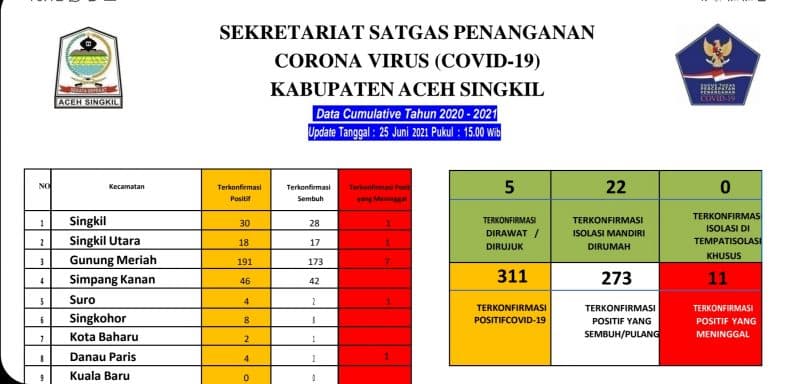 Update Covid-19 pada 25 Juni 2021: Kasus Positif Bertambah 4, Total 311 Kasus