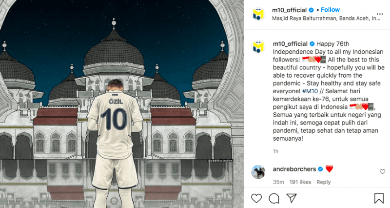 Ucapkan HUT RI, Mesut Ozil Unggah Karikatur Berlatar Masjid Raya Baiturrahman di Akun Instagramnya