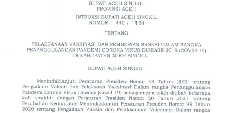 Bupati Aceh Singkil Keluarkan Instruksi, Warga Tak Mau Divaksin Bisa Kena Sanksi Penghentian Layanan Administrasi