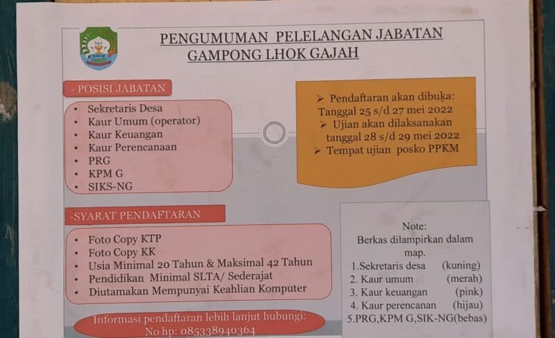 Gampong Lhok Gajah Abdya Lelang 7 Jabatan, Termasuk Sekdes