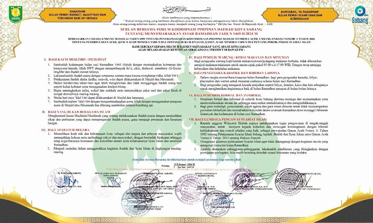 Warung Makan di Sabang Dilarang Buka Mulai Pukul 05:00-17:00 WIB Selama Ramadhan